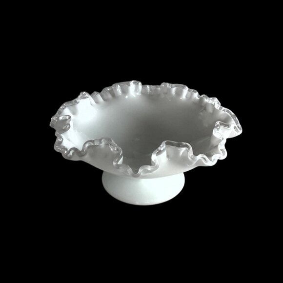 Vintage Fenton Silver Crest Milk Glass Ruffled Top Footed Pedestal Candy Dish - Picture 1 of 4